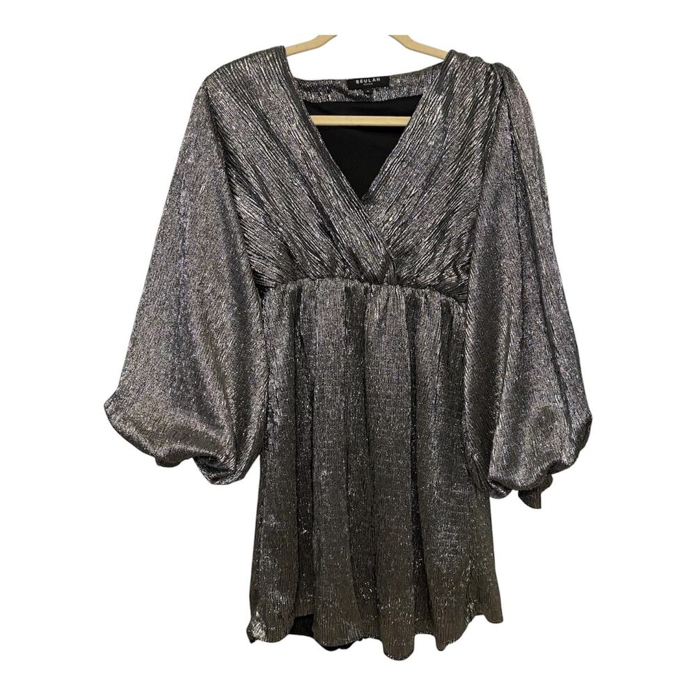 Beulah Style Dress Womens Small Silver Metallic Balloon Sleeve Party V-Neck Mini
